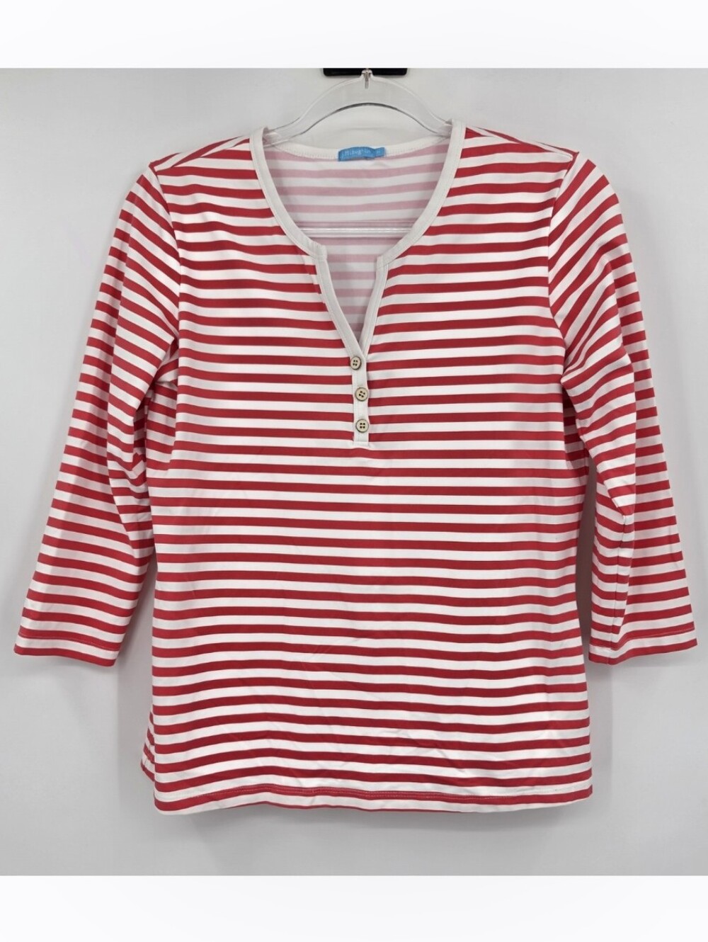 J McLaughlin Catalina Cloth Top Medium Pink White Stripe 3/4 Sleeve
